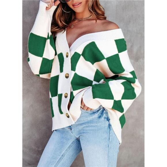 NEW Womens Plaid V Neck Button Down Long Sleeve Cable Knit Oversized Cardigan - Picture 2 of 6